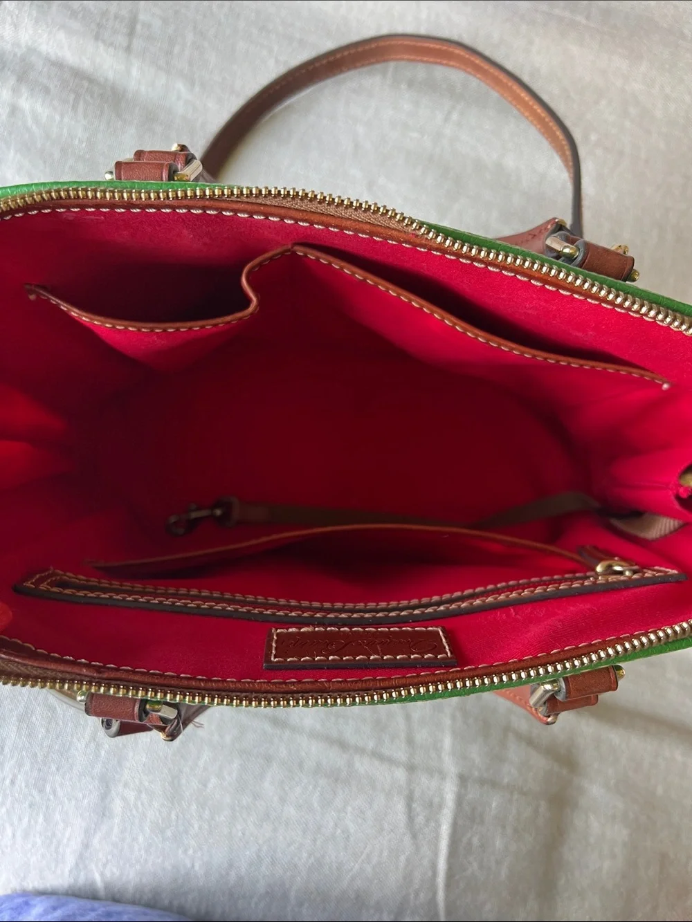 Dooney & Bourke Green Pebbled Leather Satchel with Brown Trim and Strap